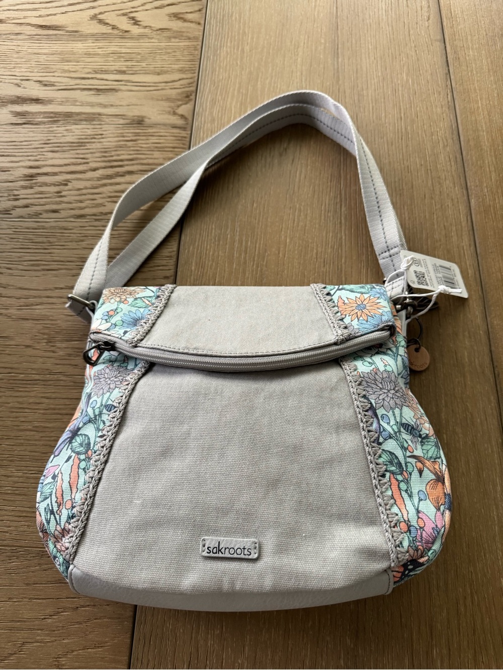 Sakroots Light Gray Canvas Crossbody with Pastel Floral Trim